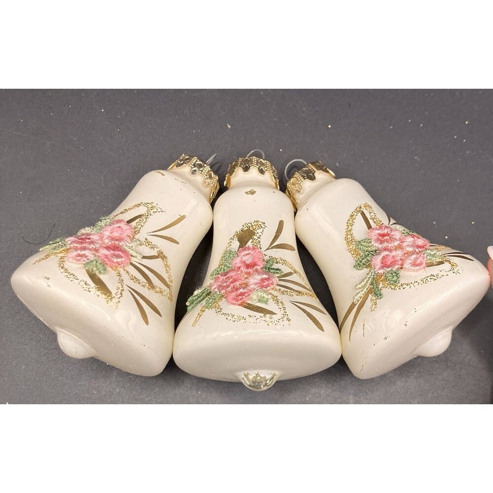 Vintage Set of 3 Glass Bell Christmas Ornaments West Germany 3” Floral